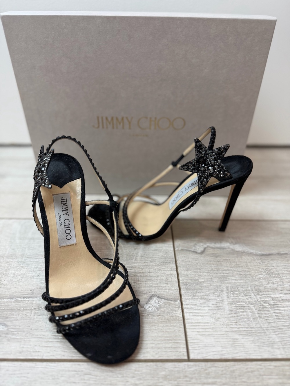 Jimmy Choo Lynn 100 Black Crystal Star Heel Sandals Size 37.5 Swarovski